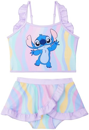Disney Stitch Bikini Niña 5-14 Años, Conjunto Niña 2 Piezas con Falda, Tirantes Ajustables Top Niña y Braguita Bikini, Ropa de Baño para Niños (6-7 Años, Multi Stitch)