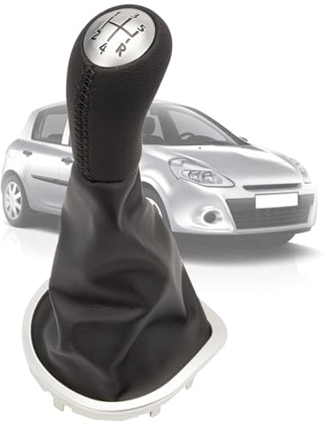 Letgoing Pommeau de levier de vitesse manuel de voiture à 5 vitesses avec manchette de levier de vitesse noir pour Clio 3 (2005-2009) Cuir et ABS Numéro OEM 8200379961 8200393246