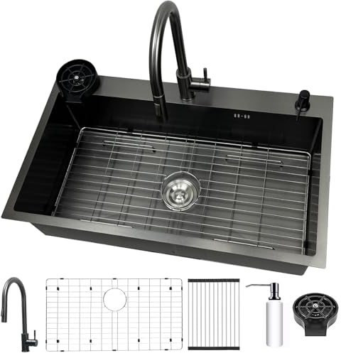 ASKLFNEI Évier simple, grand format, noir, 80 x 50 cm, en acier inoxydable, avec égouttoir et robinet, kit de nettoyage pour verre pour cuisine et bar, évier de cuisine robuste, évier de cuisine