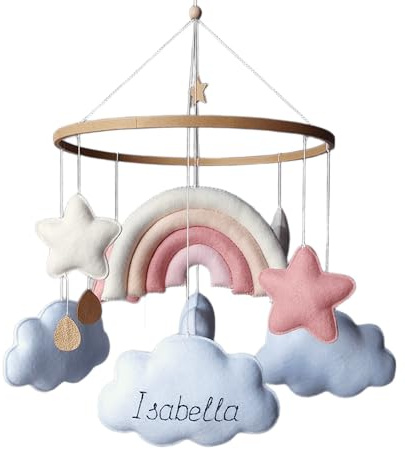 Personalisierbares Regenbogen Baby Mobile für Mädchen – Handgemachtes Mobile mit Wolken & Sternen aus Filz – Boho Deko fürs Babyzimmer – Geschenk zur Geburt oder Babyparty