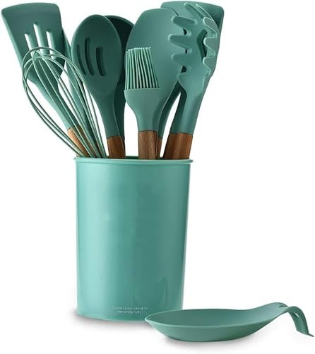 OIFAODAO, Ensemble d'ustensiles de Cuisine 12 pièces avec Support, Ensembles en Silicone, Ensemble antiadhésifs Manche Bois, Verts,Cuillère de Cuisine