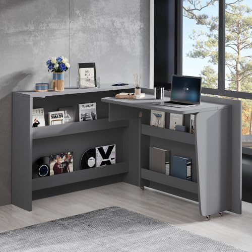 Merax Faltbarer Eckschreibtisch mit Rollen & Wireless Charger, 2-in-1 Sideboard & Arbeitsplatz, 115x27x93 cm geschlossen, 95x51 cm Tischfläche, Regal, Anti-Kipp & Bremsrollen, Mattgrau