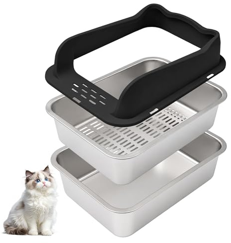 Kattlåda i rostfritt stål med avtagbar hög kant, kattlåda rostfritt stål öppen stor XXL med väggigt sidohölje, metallkattlåda, icke-klibbig, läckagesäker och lätt att repa – 50 x 35 x 15 cm