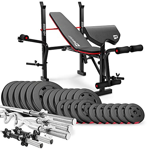 Hop-Sport Hantelbank mit Curlpult, Butterfly, Beincurler & klappbarer Trainingsbank, inkl. 129,5 kg Hantelset, SZ-Stange, Langhantel, Kurzhanteln – Fitnessbank für Heimtraining
