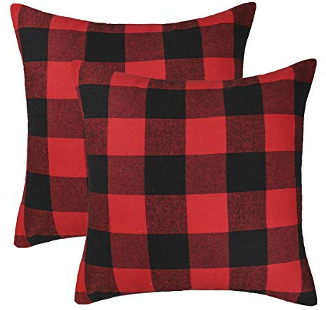 4TH Emotion Set of 2 Christmas Buffalo Check Plaid Throw Pillow Covers Cushion Case Polyester for Farmhouse Home Decor Red and Black, 16 x 16 Inches