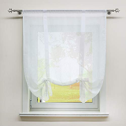 SCHOAL Raffrollo Küche Raffgardine mit Tunnelzug Bindegardine Weiß Leinen Gardinen Modern Vorhänge BxH 60x140cm 1 Stück