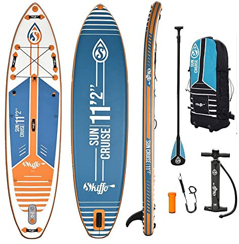 Skiffo - Aufblasbares Paddelbrett Sun Cruise 11'2 – Stand Up Paddle Board – robuste Tragetasche an Rädern, Leine, Paddel, 3 Flossen, Pumpe und Tragegriff – 11'2x33x6 – 322l – alle Fähigkeitsstufen