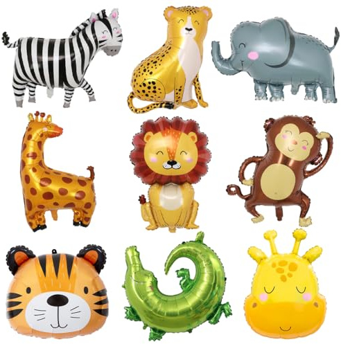 Lot de 9 ballons gonflables en forme d'animaux, taille XXL, lion, tigre, éléphant, animaux de la forêt, girafe, hélium, jungle, crocodile, zèbre, singe, safari, animaux de la forêt, décoration