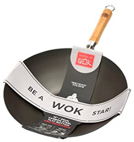 School of Wok - Wok pre-stagionato in acciaio al carbonio con fondo piatto da 30 cm con manico in bambù