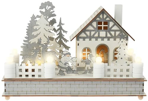 com-four® LED-Haus - Deko-Häuschen mit Licht für Weihnachten - dekoratives, weißes Haus aus Holz - Weihnachtsdekoration mit LED-Beleuchtung [Auswahl variiert] (1x Weihnachtshaus)