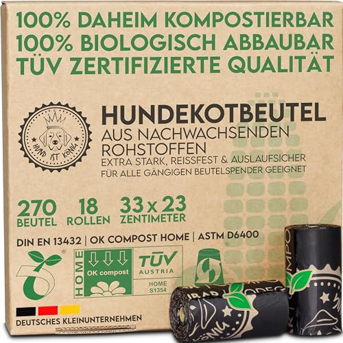 HUND IST KÖNIG Hundekotbeutel biologisch abbaubar [270 Stk.] 100% kompostierbare Kotbeutel für Hunde OK compost HOME zertifiziert - Reißfeste Hunde Kotbeutel Rollen | Hunde Beutel blickdicht