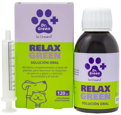 Calmante Natural para Perros Relaxgreen Solucion Oral en 120ml Drasanvi | Ayuda a Reducir el Estres en Situaciones de Nerviosismo como Viajes o Ruidos Fuertes, Sin Gluten Anadido, Linea Dr Green