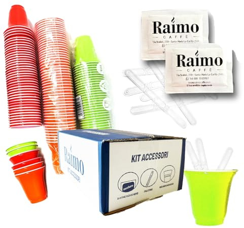 AURACAFFE' 300 Bicchierini Caffe Plastica Riutilizzabile Espresso Tazzine 75ml + 300 Pz Palettine Riutilizzabili + 300 Pz Bustine di Zucchero Extra Fine di Alta Qualità - KIT ACCESSORI