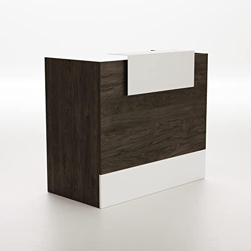 OFITURIA Mesa Mostrador Recepción, Mostrador para Tienda, Oficina, Peluquería, Negocio, etc. Mueble Escritorio para Recepción, Diferentes Tamaños, Color Castaño + Blanco (1600mm)