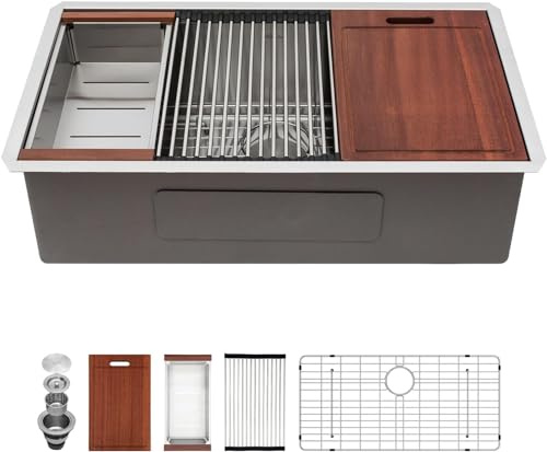 Sarlai 27 Inch Kitchen Sink Undermount - 27x19 Undermount Sink Ledge Workstation Stainless Steel 16 Gauge Deep Single Bowl Under Counter Kitchen Sinks with Accessories