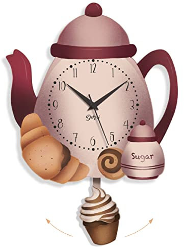 DEKORI Orologio da Parete con Pendolo – Design Caffettiera e Dolcetti, Silenzioso, Artigianale, in Legno, per Cucina o Casa, 28x41 cm