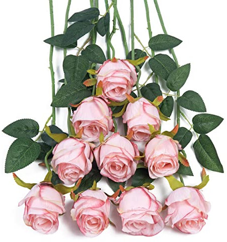 DuHouse 10pcs Artificial Silk Roses Flowers Single Long Stem Fake Rose Bouquet for Wedding Home Party Decoration Centerpieces(Light Pink)