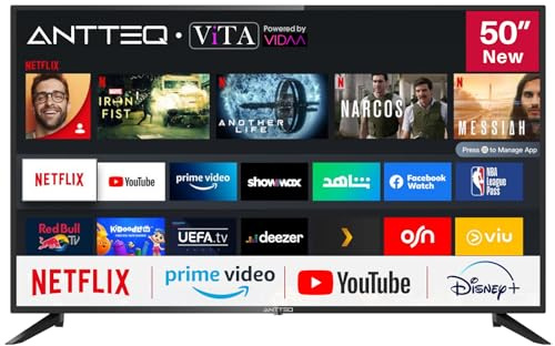 Antteq AV50D1 Smart TV 50 pollici (127 cm) Televisore 4K con HDR, Netflix, Prime Video, Rakuten TV, Disney+, Youtube, Wifi, controllo vocale, Triple-Tuner DVB-T2 / S2 / C