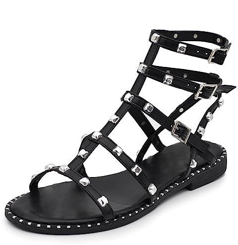 IF Fashion Scarpe Sandali Gladiatore Stivali Estivi da Donna Con Borchie Pelle Sintetica YE-701 M101 nero N.37