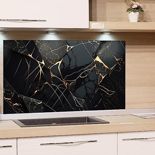 GRAZDesign Crédence de cuisine en verre pour cuisinière et évier de cuisine, aspect granit noir avec lignes dorées, plaque en verre pour paroi arrière de cuisine, 60 x 40 cm