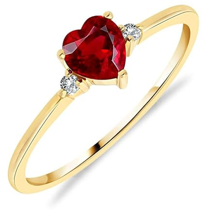 Planetys Anello solitario da donna in oro giallo 375/1000 con rubino naturale taglio cuore e diamanti, 16, Metallo, Rubino