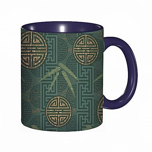 RFSHOP Taza de café de estilo oriental con estampado de hojas orientales, impresión de elementos orientales, taza de té de cerámica de 11 onzas con asa para el hogar, oficina, Navidad, cumpleaños