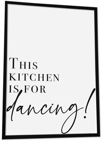 JUHMI Typographie Poster Vintage : This Kitchen Is For Dancing - Aesthetic Room Decor/Zimmer Deko Aesthetic - Wanddeko Wohnzimmer Schlafzimmer Küche Badezimmer - A4 (21x29,7cm) mit Holz Rahmen