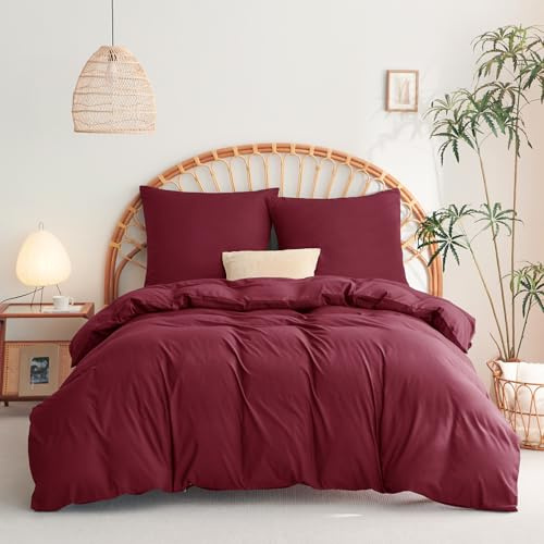 WAVVE Bettwäsche 140x200 2 teilig Weinrot - Bettbezug 200 x 140 Set mit 1 Kissenbezügen 65x65 cm, Bettwäsche-Sets 140x200cm aus Mikrofaser mit Reißverschluss Weich und Bügelfrei