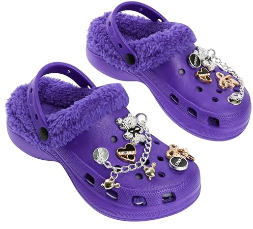 CityComfort Clogs for Girls, Winter Slippers with Removable Fleece & Charms, House Mules & Garden Shoes with Adjustable Strap