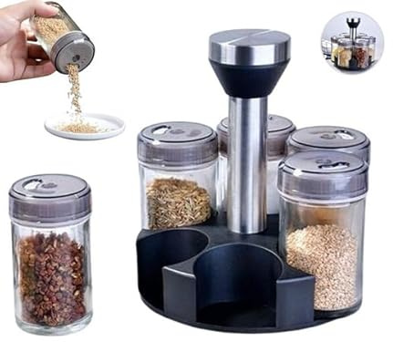 Organizer Rotante Girevole per Spezie in Cucina, 6 Contenitori in Vetro, Rotazione a 360°, Coperchio con Dosatore Dispenser in Plastica, Organizza Spezie, Altezza 17 Cm, Contenitore Vetro 10 Cm.