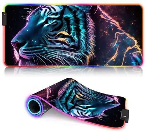 XXL mousepad Synthwave tiger RGB Mouse Desk Pad XXL（35.4 x 15.7x 0.12 inches Mat Extended Large Gaming Mouse Pad with Stitched Edges 9 static colors and 3 dynamic