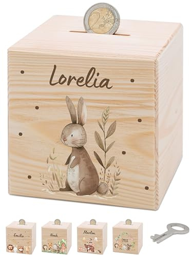 Bärenfreunde® - Personalisierte Spardose Kinder aus Holz mit Metallschloss - Spardose mit Namen mit kinderfreundlichem UV-Druck zum Sparen für Kinderträume (Hase Zweige Punkte)