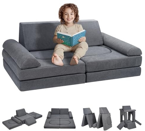 VEVOR Spielsofa Kindersofa aus Chenille-Stoff Bausteine 10-teilig, Kinderspielsofa mit abnehmbarem Bezug 80 kg belastbare Kindercouch, umwandelbares Kindersofa Spielzimmermöbel zum Schlafen Lesen Grau