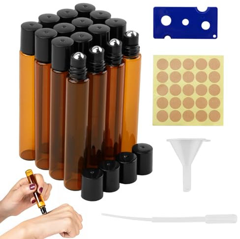 MxyVrix 16 botellas de cristal marrón con rodillo de bola para aceites esenciales, botellas enrollables portátiles con bola de acero