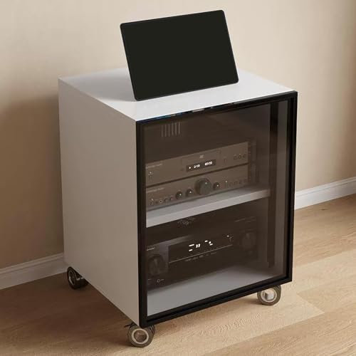 JIAOCKJIAO Phonoschrank, Beweglicher Audio Rack Hi Fi Regal, Record Player Stand mit Glastür, Hi Fi Rack mit Kabellöchern, Moderner TV-Schrank mit Verstellbaren Regalen(Wit,2 Tier 55x45x60CM)