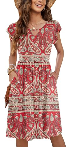PLOKNRD Women's Summer Dress V-Neck Ruffle Sleeve Ladies Dress Elastic Waist Loose Swing Casual Dress with Pockets Knee Length (Boho Red Flowers,M)