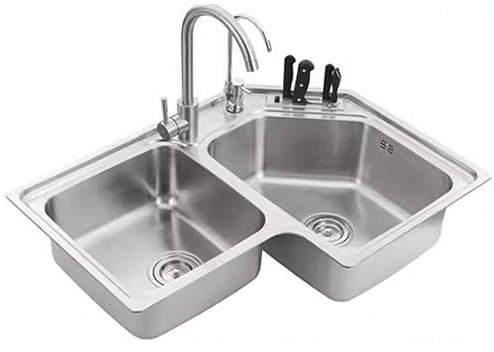 Fregadero de cocina esquinero de doble tazón de acero inoxidable con apertura de almacenamiento de picador, fregadero integrado para cocinar eficientemente