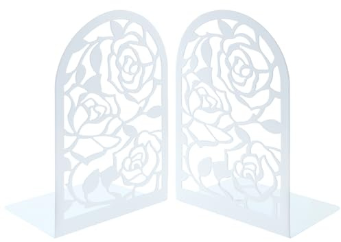 1 Pair Rose Metal Bookends,Modern Creative Rose Pattern Hollowed Nonskid Iron Book End Decorative Bookends Desk Organizer Book Shelf Holder for Kid Girl Library Home School Office Decoration (White)
