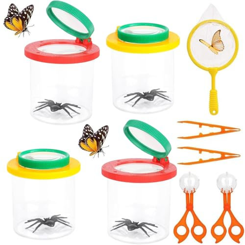 Cerkkapo Becherlupen für Kinder,Becherlupen,Becherlupe Set mit 2 Pinzette und 2 Insektenfänger Scherenzange,Lupenbecher Insekten Lupe Behälter für Kinder Wissenschaft Outdoor Natur Erkundung(9 Stück)