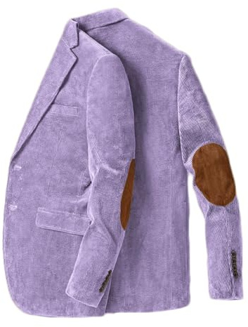 Stillluxury Giacca blazer con toppa al gomito per uomo monopetto in velluto a coste casual cappotto sportivo con risvolto tacca smoking da sposa, Lilla, L