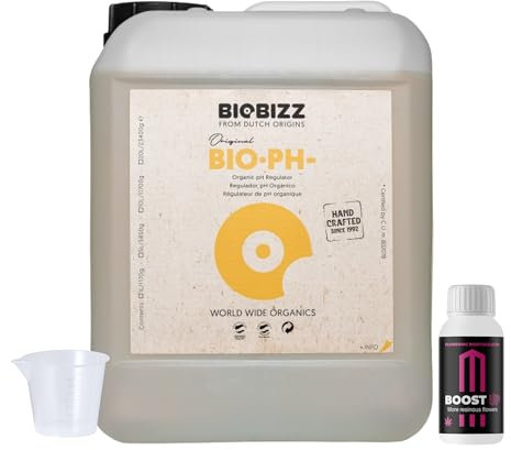 GROWMANIA Bio Down de BioBizz 20 l + échantillon Boost Up Nutrients + Verre doseur | Solution de pH biologique massive | Pour usage commercial en agriculture extensive
