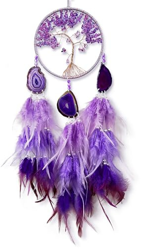Large Dream Catcher,Sun Dream Catchers with Chakra Gemstone Agate Stone,Purple Crystal Tree Life,Dream Catcher for Girls,Dream Catchers for Adults,Home Ornaments Craft Gift (Purple)
