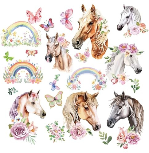 CRASPIRE Fensteraufkleber Pferde Regenbogenmotiv, 8 Bogen | Selbstklebend, Blumen Schmetterlinge, Vinyl PVC, Wasserdicht, Wandaufkleber,Für Schlafzimmer Kinderzimmer