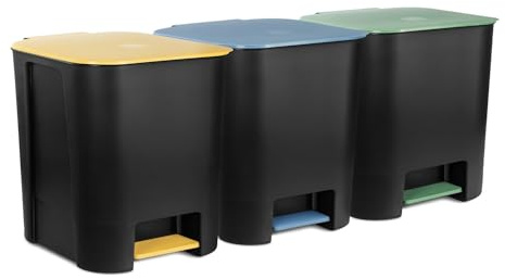 Go Practic Poubelles a Pédale Set 3x 25L, Cuisine Avec Couvercle Coloré, Bacs de Recyclage, Corbeille tri Selectif, Système De Tri Des Déchets Pour Papier, Plastique, Verre, Jaune, Vert, Bleu