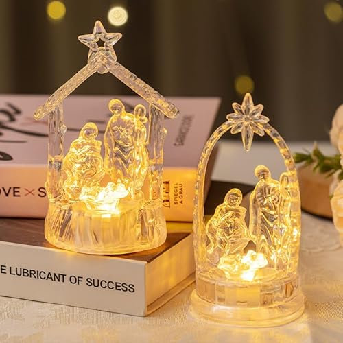 Crèche de Noël avec lumières LED, crèche de Noël en acrylique, figurines de décoration lumineuses, crèche de Noël, éclairage pour décoration intérieure de table (A)