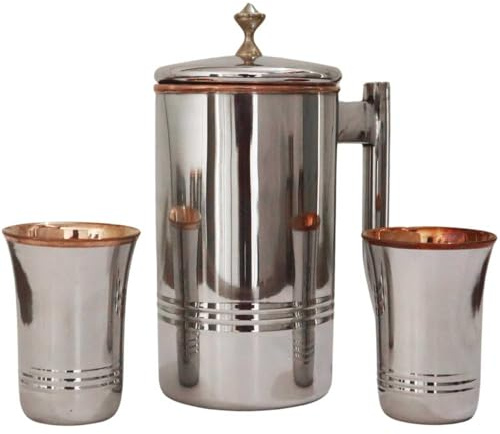 Pichet à eau en acier inoxydable et cuivre pur avec 2 gobelets assortis pour la santé ayurveda (bouton en laiton avec verre long)