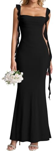 KUTUMAI Elegant Long Formal Wedding Guest Dresses for Women 2026 Ruffle Bodycon Cocktail Party Maxi Dress Black L