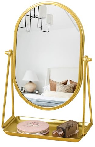 Gosider Specchio da tavolo ovale da scrivania dorato con vassoio, rotazione regolabile a 360°, cornice in metallo, per tavolo da vestito, soggiorno, camera da letto, ufficio, bagno