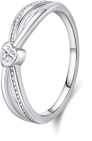 Mesnt Verlobungsringe, Damen 9 Karat Weißgold Design mit gedrehten Linien und Solitär-Herz-Lab-Diamantring, Größe 45 (14.3)