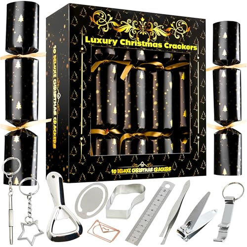 KreativeKraft Pop Luxury Christmas Crackers, Pack of 10 Deluxe Xmas Crackers with Premium Gift, Hats & Jokes, Novelty Party Table & Christmas Decorations (Brown Deluxe)